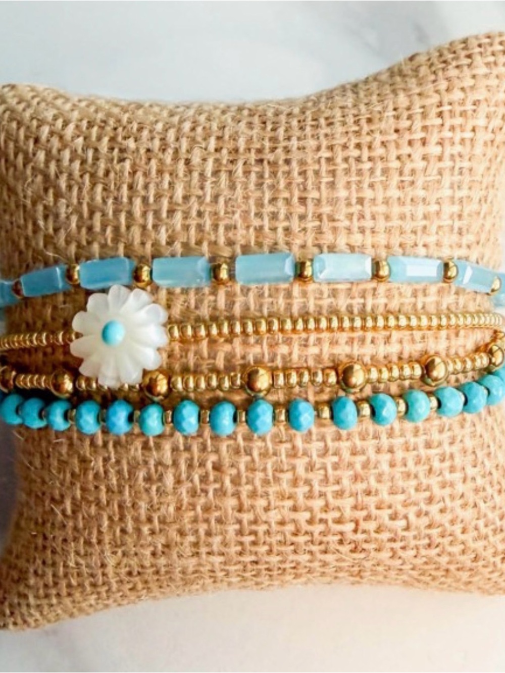 Turquoise & Gold Daisy Stack Bracelet Set by